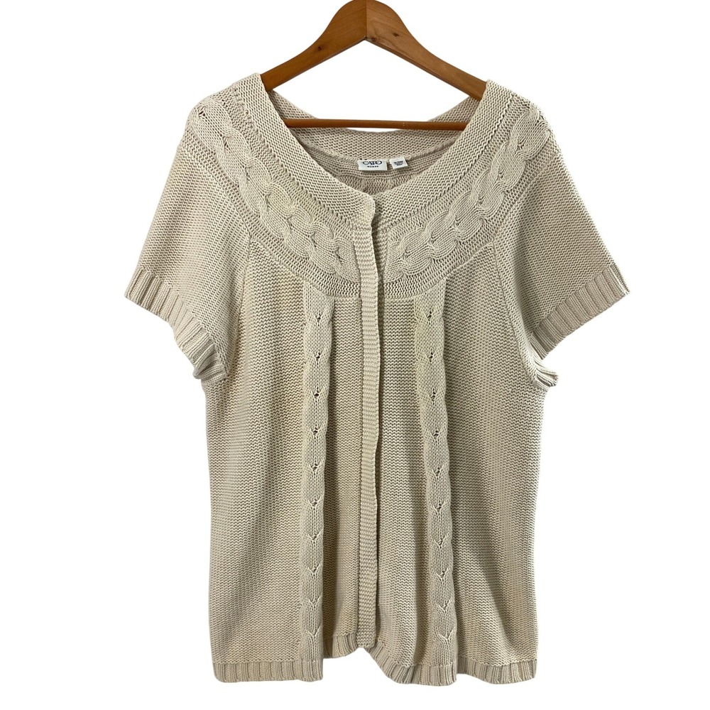 Cato Cardigan Women 18/20W Beige Cable Knit Snap Up Short Sleeve Sweater Layer